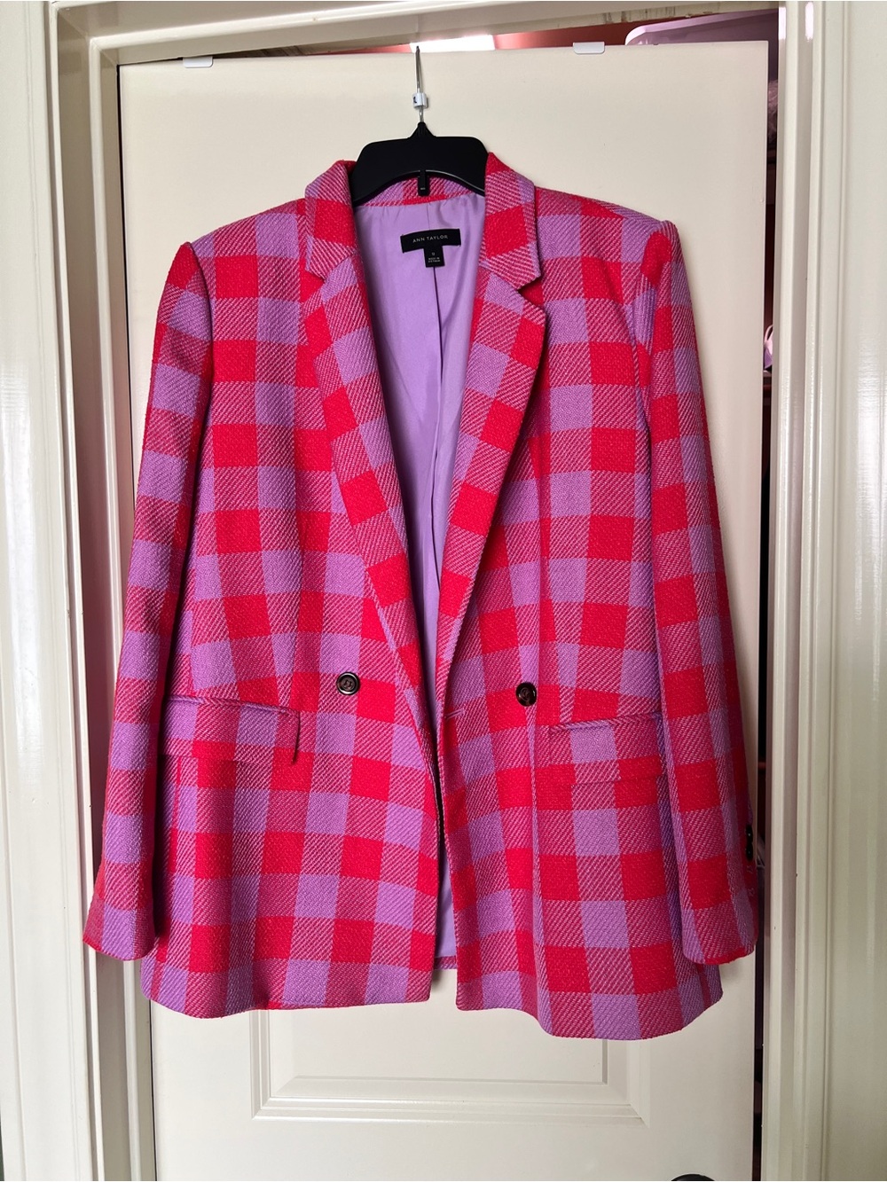 Ann Taylor Pink and Red Checked Blazer
